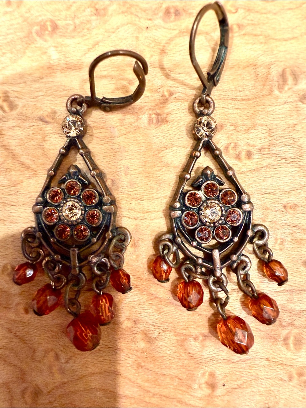 VTG Michal Negrin Amber Swarovski Crystal Chandelier Earrings Brass Neo-Victoria